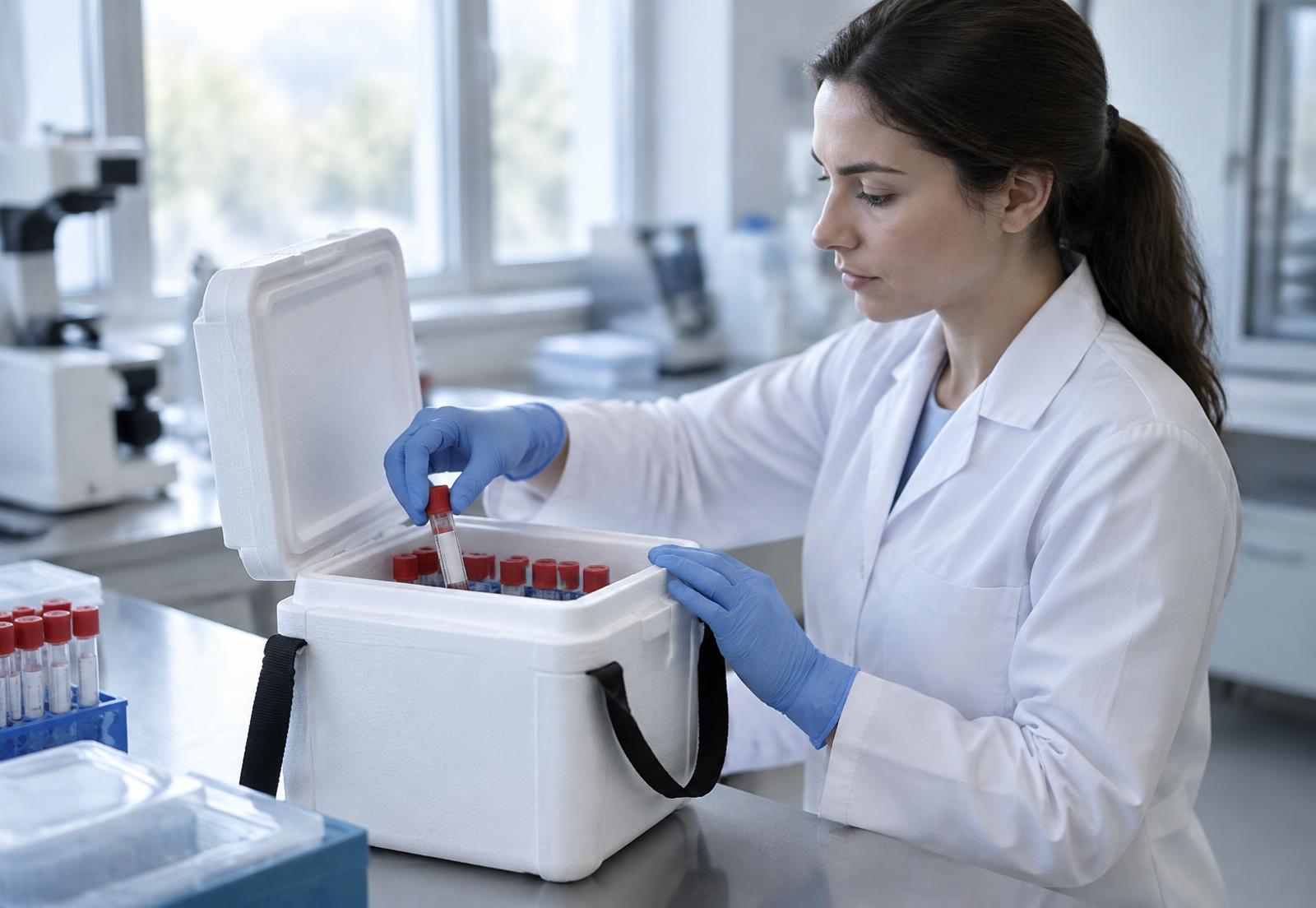 Laboratory technician placing sealed specimen tubes into an insulated transport case